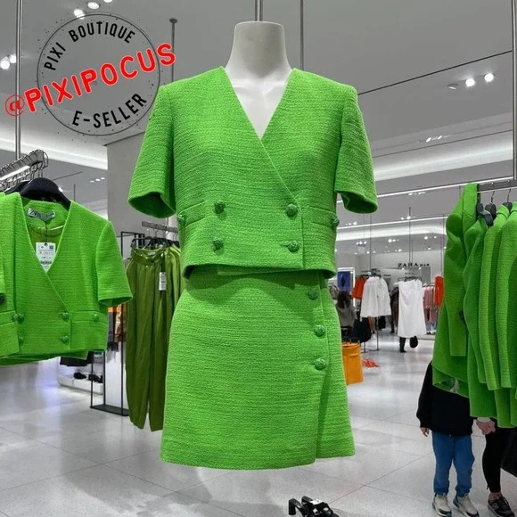 ZARA [ 2 PIECES ] SKIRT SUIT BLAZER + SKIRT SET TEXTURED GREEN